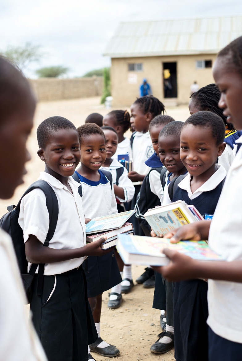 School children receiving books