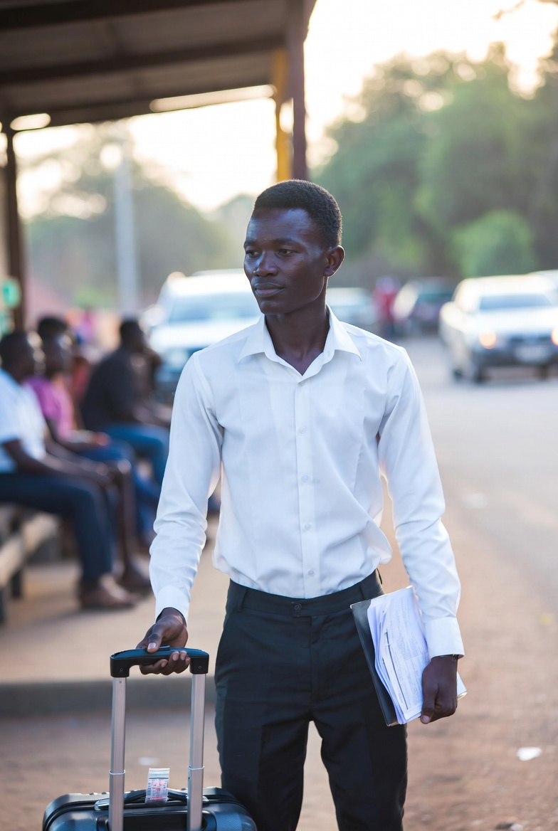 Graduate with suitcase and documents at transport station